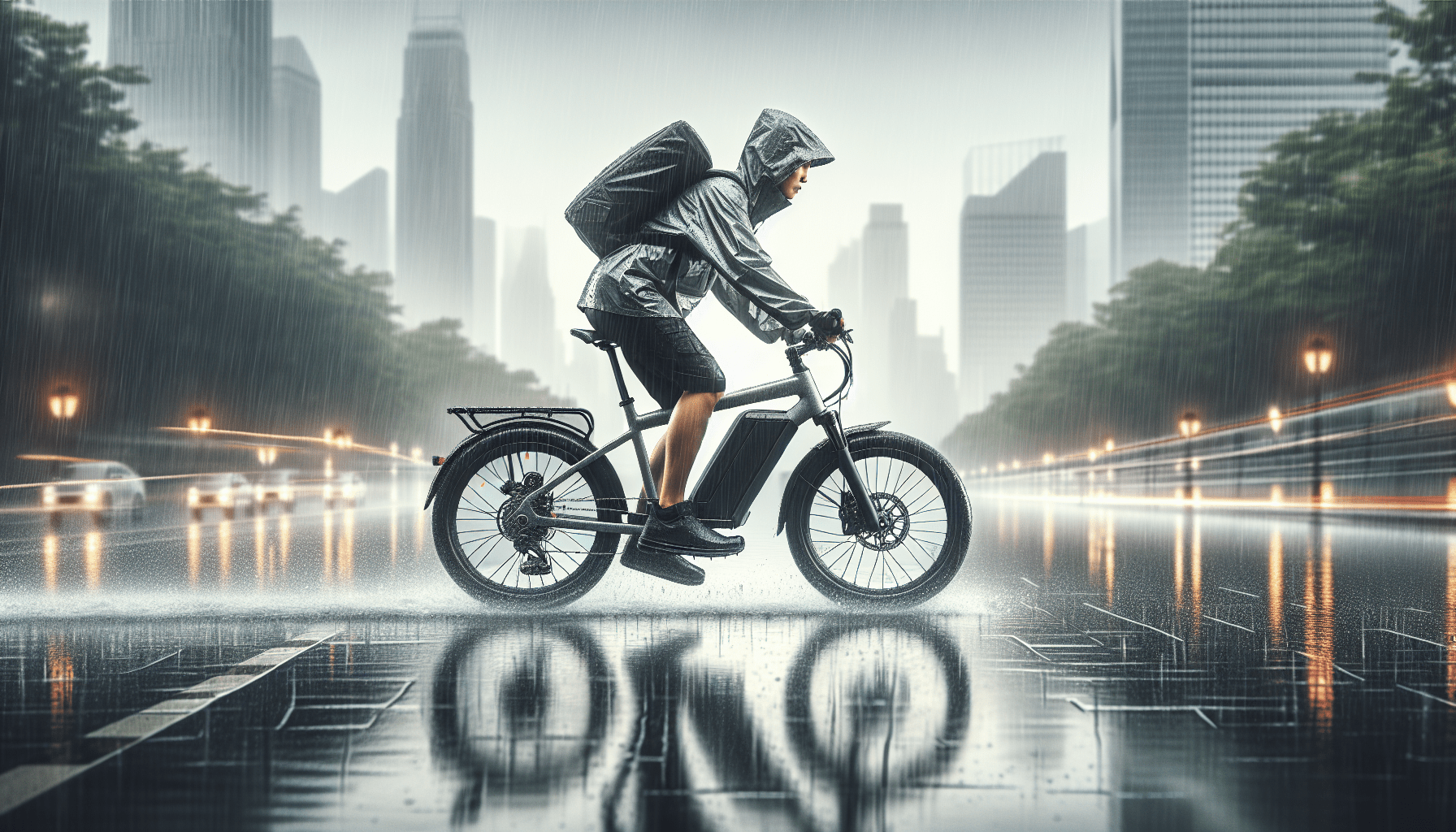 can you ride ebike in the rain. man on ebike ride in the rain