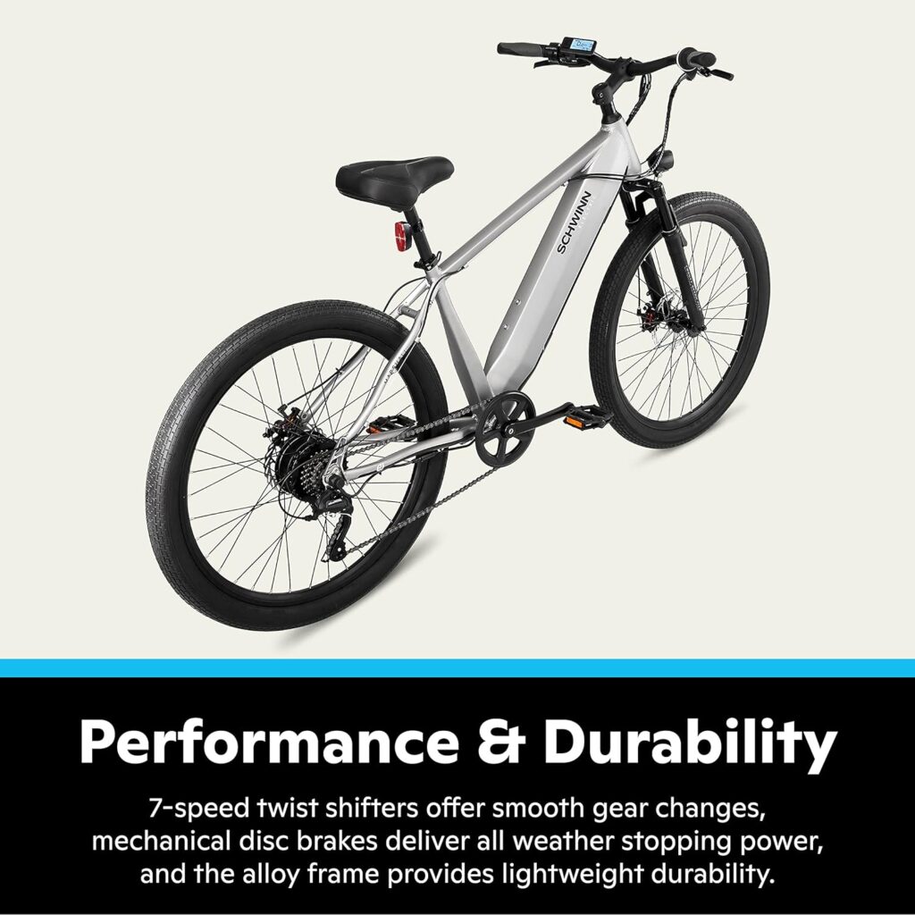 Schwinn Marshall Electric Hybrid Bike for Adults, Step-Though and Step-Over Aluminum Frame, 250W Motor, Removable Battery, 7-Speed, 27.5-Inch Wheels, Head and Tail Lights