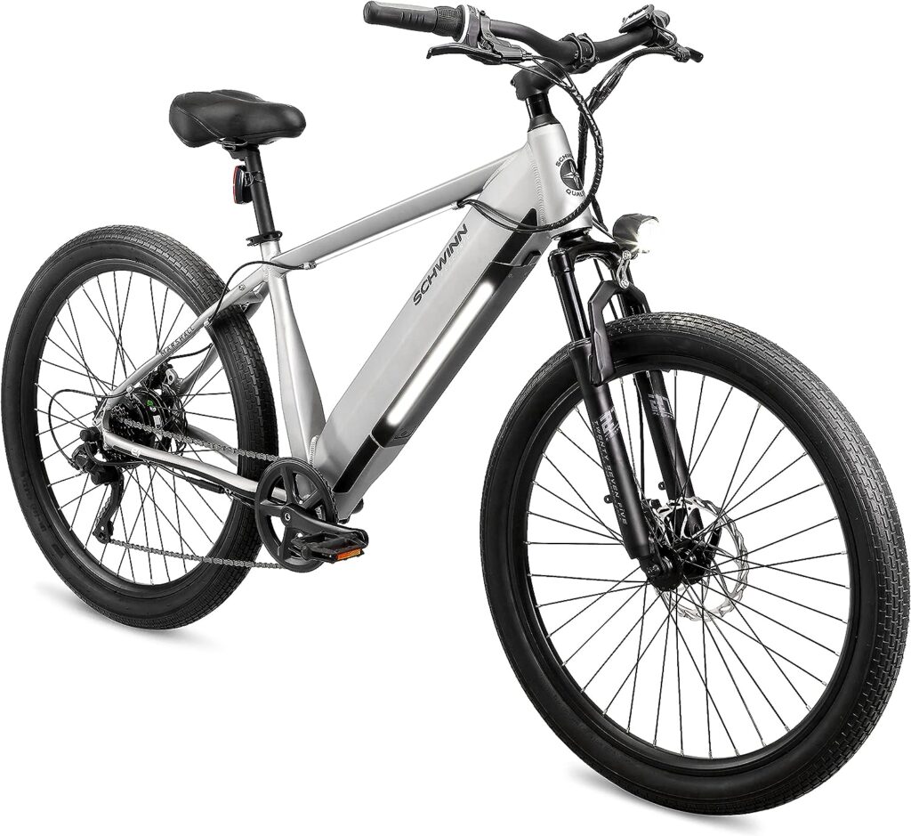 Schwinn Marshall Electric Hybrid Bike for Adults, Step-Though and Step-Over Aluminum Frame, 250W Motor, Removable Battery, 7-Speed, 27.5-Inch Wheels, Head and Tail Lights